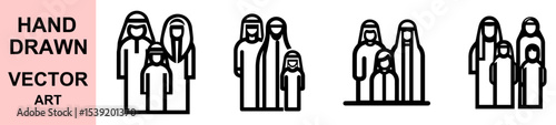 Traditional Middle Eastern family icon set vector hand drawn style cultural heritage people Islamic attire group black outline generational representation