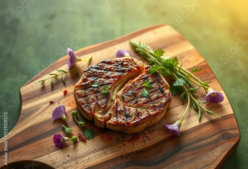 Rustic wooden cutting board with seared mushroom steak