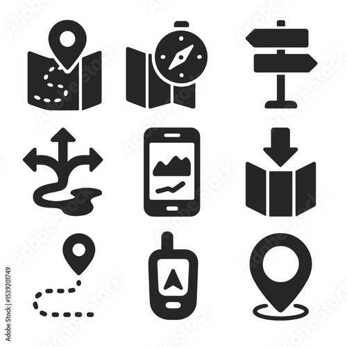 Trail Navigation Icons. Solid style icons of trail navigation and planning: route planner icon, compass with map, trailhead sign,