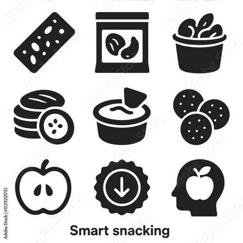 Healthy Snack Icons. Solid style icons of healthy snacks: granola bar icon, dried fruits pack, mixed nuts cup, sliced veggie snack