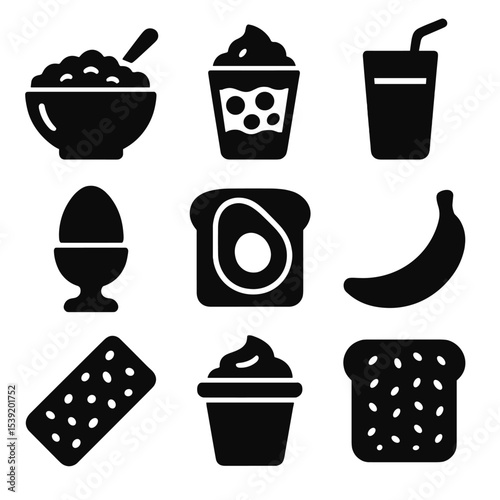 Healthy Breakfast Icons. Solid style icons of healthy breakfast silhouettes: oatmeal bowl, fruit parfait cup, smoothie glass,