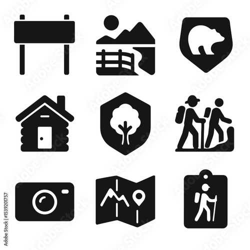 National Park Icons. Solid style icons of national parks and landmarks: park entrance sign, scenic overlook icon, protected