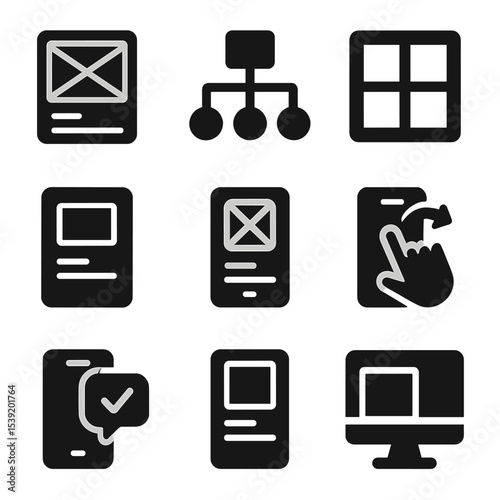 UI_UX Design Icons. Solid style icons of UI/UX design tools: wireframe icon, user flow chart, interface grid icon, component icon,