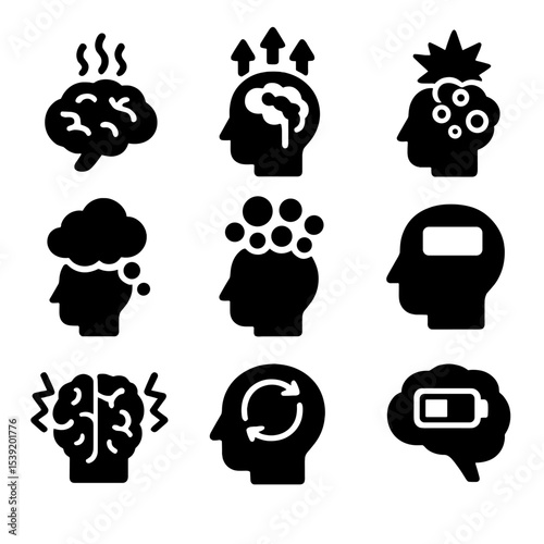 Brain Overload Icons. Solid style icons of brain overload and burnout: overwhelmed brain icon, overheating head, stress explosion
