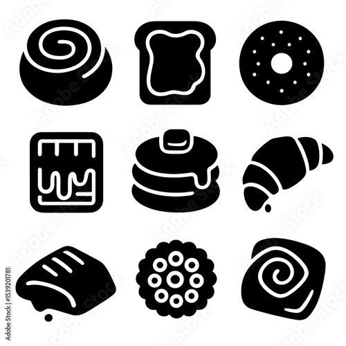 Sweet Breakfast Icons. Solid style icons of sweet breakfast foods: cinnamon roll, jam toast, powdered donut, syrup-covered waffle,