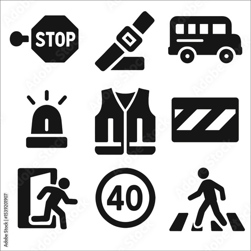 Safety Icons Collection. Solid style icons of safety features and equipment: stop sign arm, seatbelt icon, school bus crossing arm