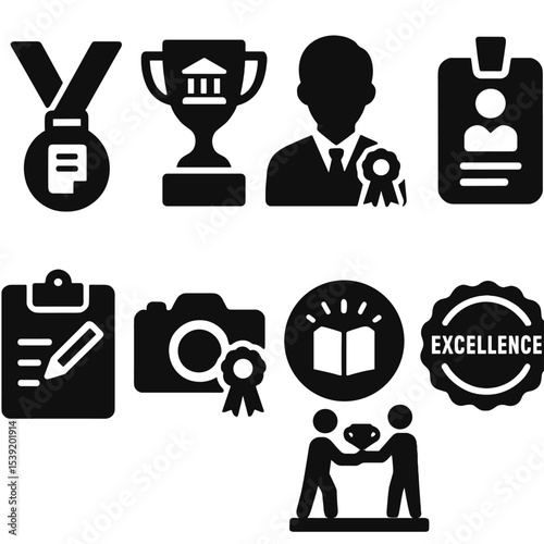 Journalism Award Icons. Solid vector icons of journalism competitions and awards: best article medal, campus media trophy, student