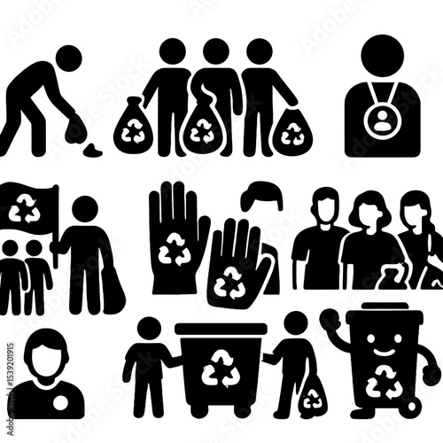 Recycling Volunteer Icons. Solid vector icons of recycling and sustainability volunteers: person picking up litter, group with