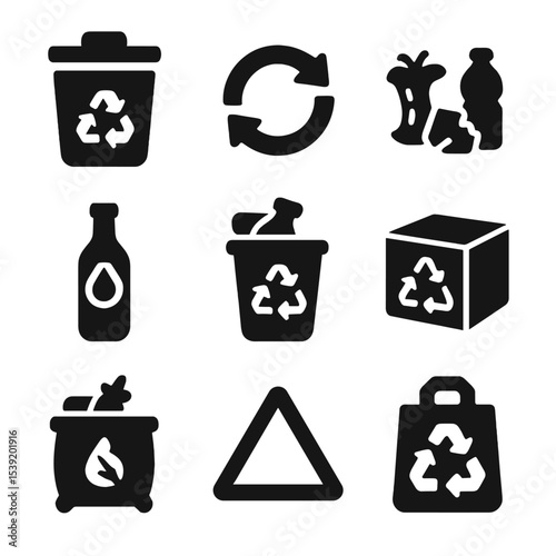 Recycling Icons Pack. Solid vector icons of basic recycling concepts: recycling bin, circular arrows symbol, separated waste,