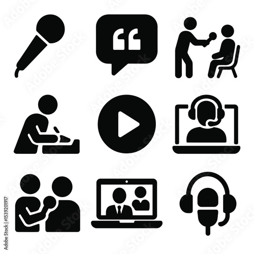Interview Icons Collection. Solid vector icons of interviews and reporting: microphone icon, quote bubble, field interview scene,