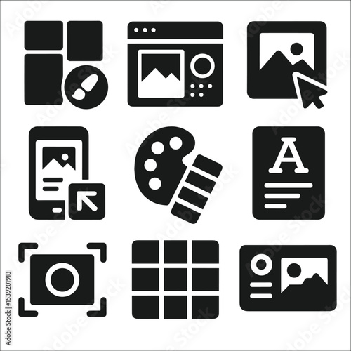 Creative Pitch Icons. Solid vector icons of creative and design-focused pitches: mood board slide, style tile, visual theme icon,