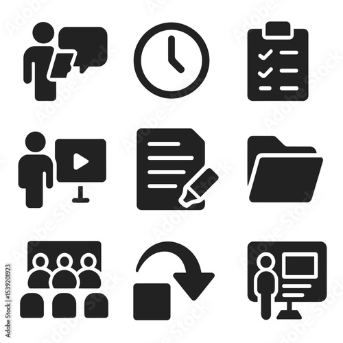 Rehearsal Preparation Icons. Solid vector icons of rehearsal and preparation: practice speech icon, timing clock, mock audience,
