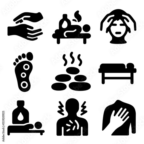 Massage Therapy Icons. Solid vector icons of massage and therapeutic touch: hand massage, aromatherapy massage icon, head massage,