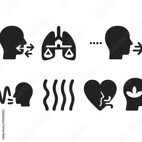 Mindful Breathing Icons. Solid vector icons of mindful breathing and energy: inhale-exhale symbol, balanced lungs icon, breath