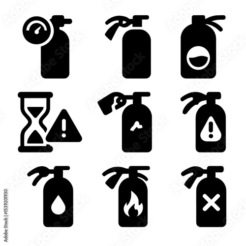 Fire Extinguisher Icons. Solid style icons of extinguisher symbols and indicators: low pressure icon, high pressure icon, chemical