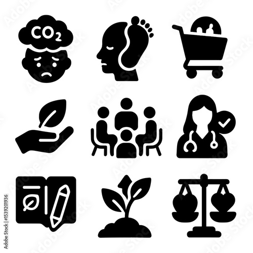 Climate Awareness Icons. Solid style icons of climate anxiety and carbon awareness: worried face with CO2 cloud, heavy footprint