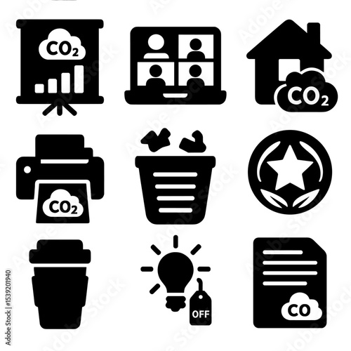 Workplace Carbon Icons. Solid style icons of workplace carbon awareness: office emissions chart, digital meeting icon, remote work