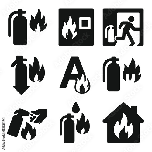 Fire Safety Icons. Solid style icons of fire safety signage: fire extinguisher sign, fire point sign, emergency exit with