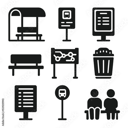 Bus Stop Icons. Solid style icons of bus stops and stations: bus shelter, route signpost, digital timetable, bench at stop,