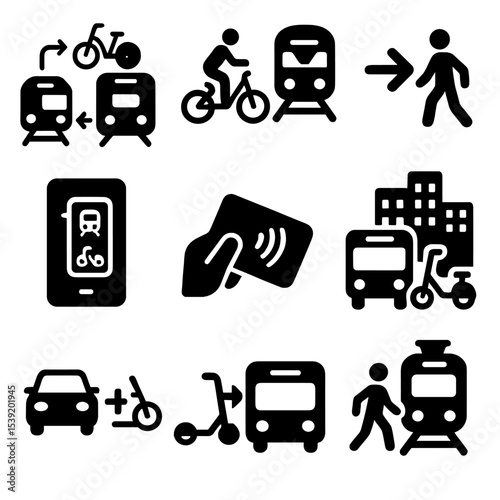 Multimodal Transport Icons. Solid style icons of multimodal transport: transfer hub icon, bike to metro, walk and ride symbol, app