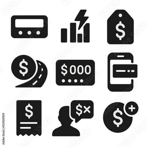 Taxi Fare Icons. Solid style icons of taxi fares and pricing: fare meter, surge pricing icon, base fare tag, per mile cost, total