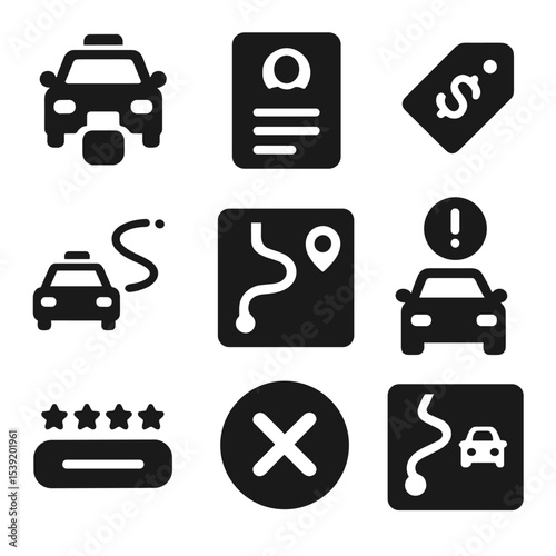 Taxi App Icons. Solid style icons of taxi app interfaces: ride request button, driver profile screen, fare estimate, live taxi