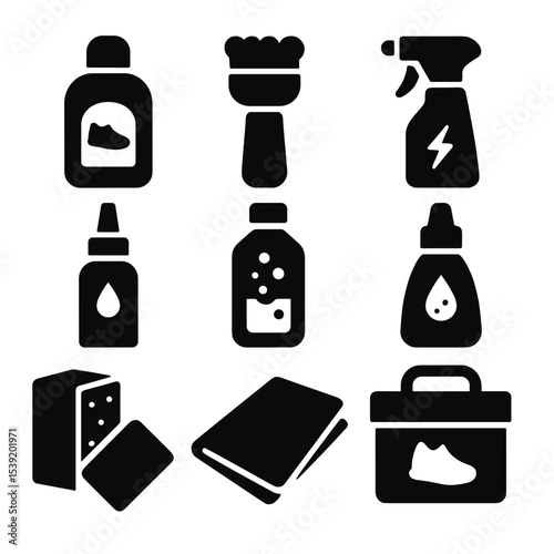 Shoe Cleaning Icons. Solid style icons of shoe cleaning supplies: shoe cleaner bottle, foam applicator, cleaning spray, water
