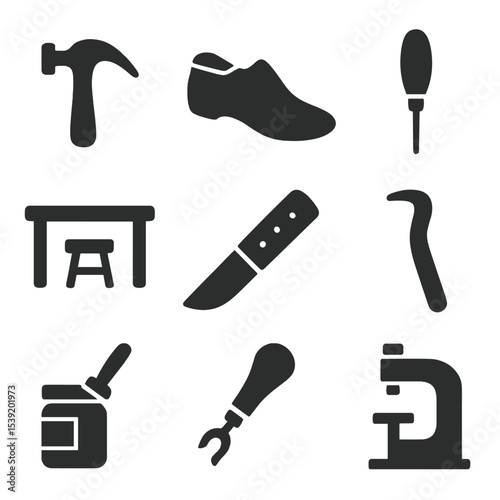 Cobbler Tools Icons. Solid style icons of cobbler tools and workshop: cobbler hammer, shoe last, stitching awl, cobbler bench,