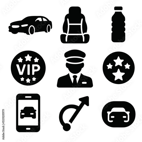 Luxury Taxi Icons. Solid style icons of premium and VIP taxi services: luxury car ride, leather seats icon, bottled water icon,