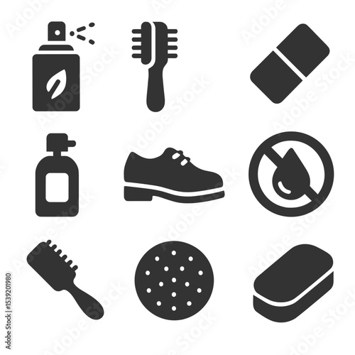 Suede Care Icons. Solid style icons of suede and nubuck care: suede protector spray, suede brush, nubuck eraser, nap lifter brush,