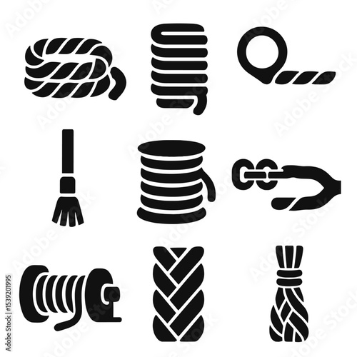 Industrial Marine Ropes. Solid style icons of thick industrial marine ropes: heavy-duty mooring rope, barge rope, tugboat line,