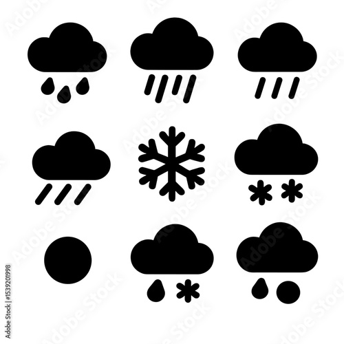 Precipitation Icons. Solid style icons of precipitation types: light rain, heavy rain, drizzle, sleet, snowflake, snow shower, ice