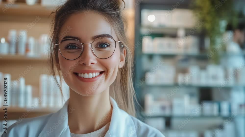 A young pharmacist in glasses with a slight smile, ready to help customers. A young pharmacist in glasses with a slight smile, ready to help customers.