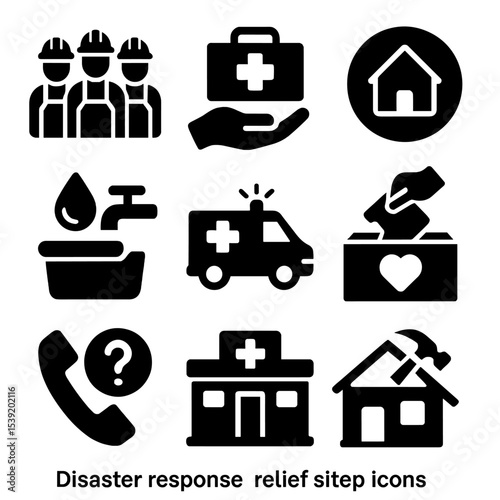 Set of icons for disaster response relief site step icons