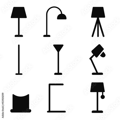 Set of black and white icons of lamps and other lighting fixtures