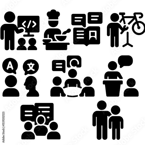 Series of black and white icons depicting various activities and people