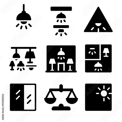 Set of black and white icons for lighting fixtures