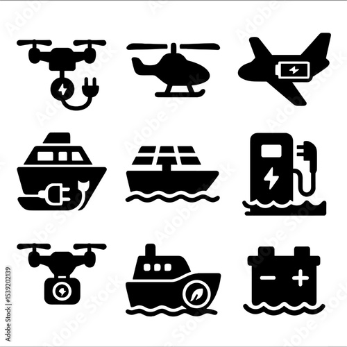 Set of black and white icons for various modes of transportation
