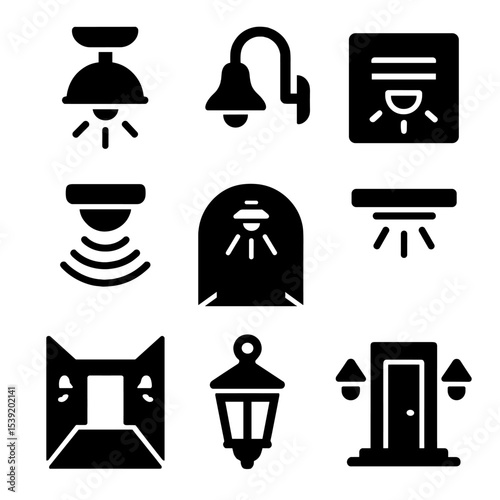 Set of black and white icons for various lighting fixtures and doors