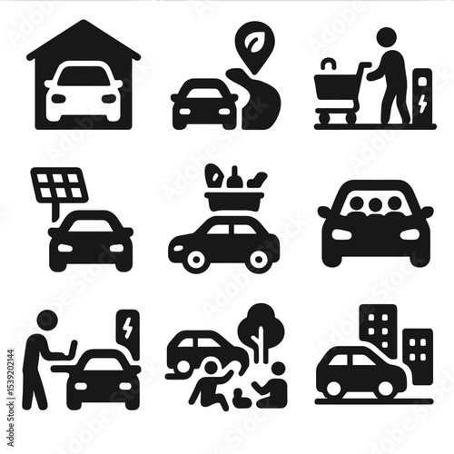 Set of car icons with a house, a car, a person, a shopping cart