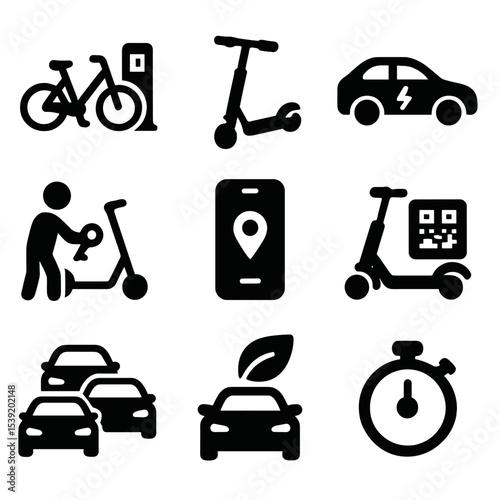 Collection of icons for various modes of transportation, including cars, bikes