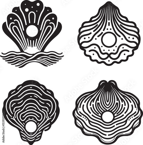Minimalist Oyster Shell with Pearl and Wavy Lines Vector Art black silhouette with white background