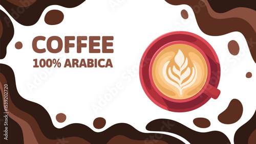 Coffee background with wavy spots frame and cappuccino cup. Coffee advertising banner, landing page, invitation.