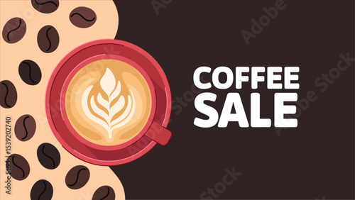 Coffee minimalism banner with coffee beans and cappuccino cup. Coffee advertising banner, landing page, invitation.