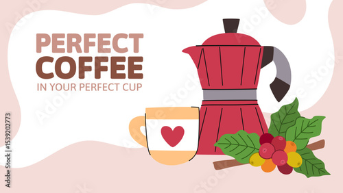 Coffee banner with geyser coffee maker, cup and coffee branches with berries and leaves. Advertising coffee poster, landing page, invitation, packaging design.