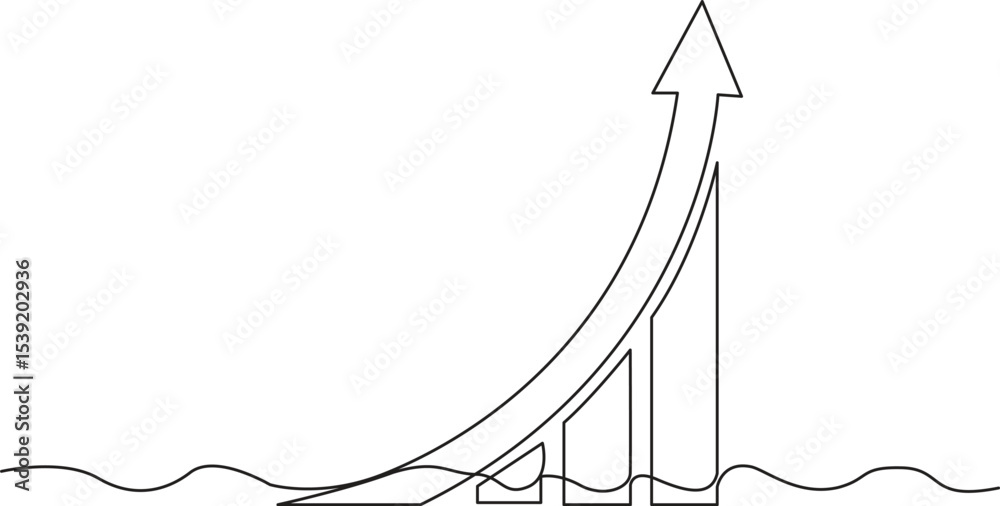 Continuous line drawing of bar chart. Illustration vector of arrow up. Single line art of graph. Object one line of business growth. Flat icon of increasing arrow. Sign symbol of anaytics, Vector