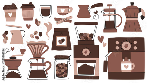 Cartoon doodle coffee devices and set elements. Cups, packages, sugar, coffee beans.