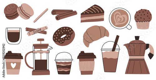 Doodle cartoon gadgets and sweets set. Coffee maker, French press, Turk for brewing coffee, sweets for breakfast, different types of coffee. Limited warm color range.