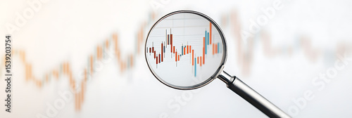 Analyzing stock trends with a magnifying glass over a financial chart, focusing on market data and investment analysis. Technical analysis in action.