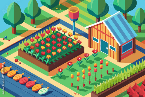 Isometric vector illustration of urban architecture with a residential house, factory building, and trees in a city park scene